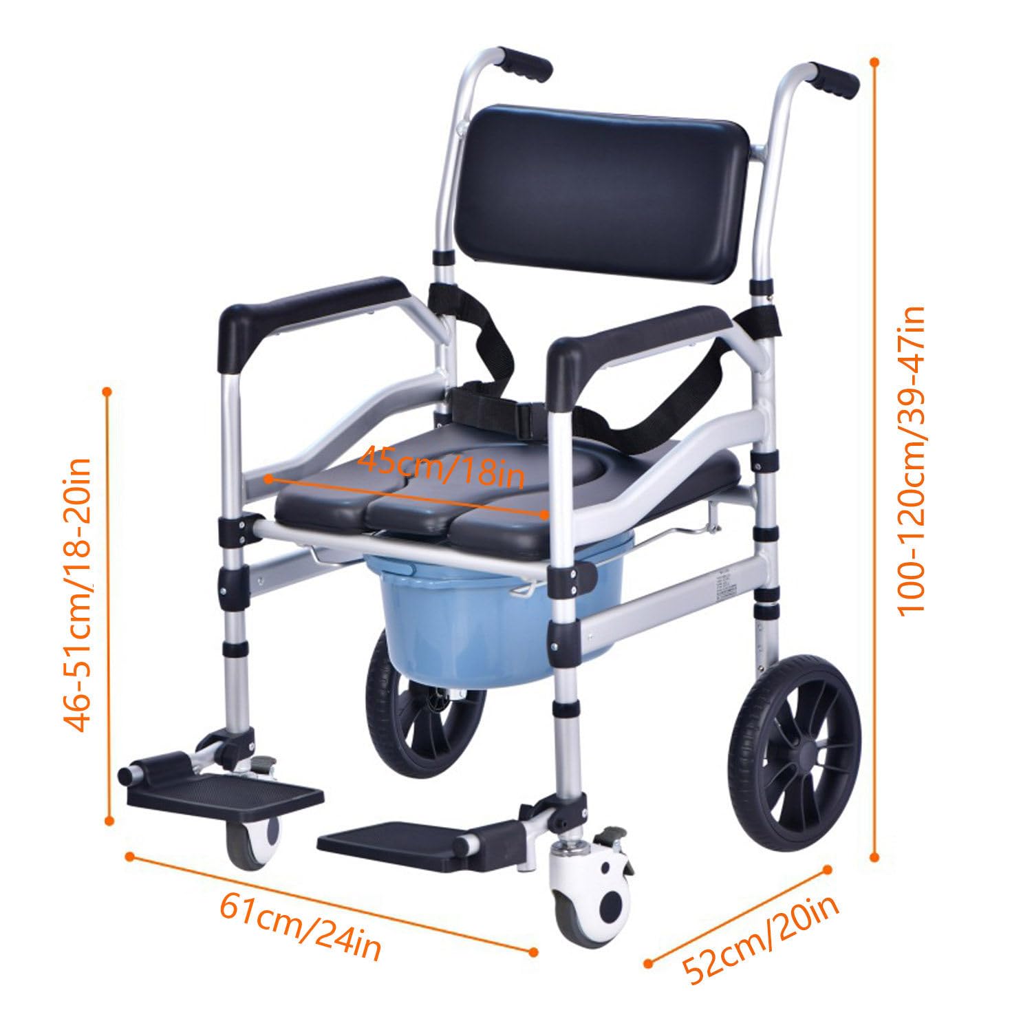HeightAdjustable krzesło komodowe na kółkach, składany mobilny stołek toaletowy i prysznicowy, przenośne siedzisko dla osób starszych niepełnosprawnych, pomoc w łazience, łatwa mobilność