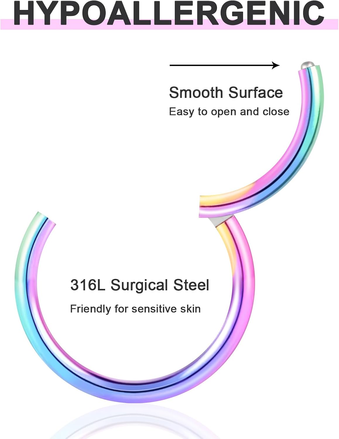 ONESING 2 PCS Nose Rings Hoops 14G 16G 18G 20G Surgical Steel Septum Rings Cartilage Tragus Round Hinged Nose Rings Piercing Jewelry for Women Men 6-12mm image 2