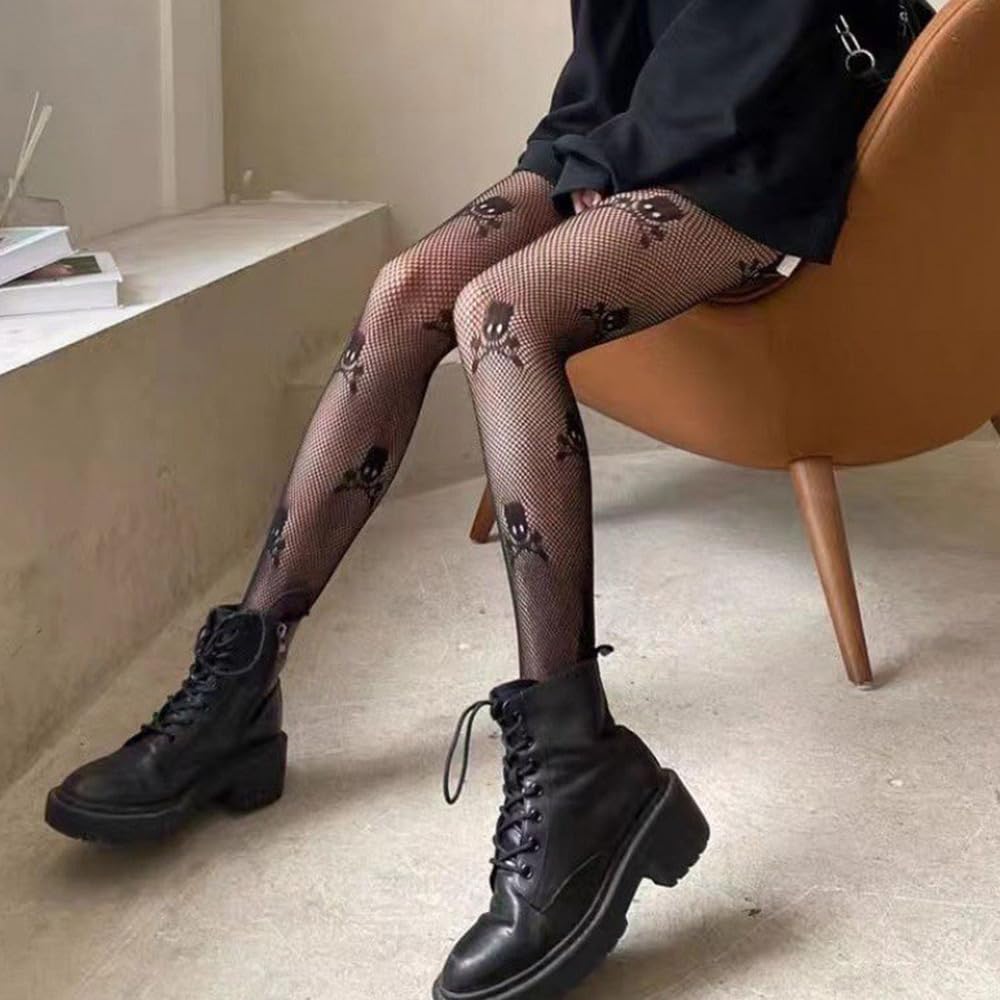 DRESHOW 6 Pack Fishnet Garter Belt Stocking Suspender Pantyhose Tights Thigh High Pantyhose: 2 Pairs With Skulls: Small Grid, Spiderweb Cutout