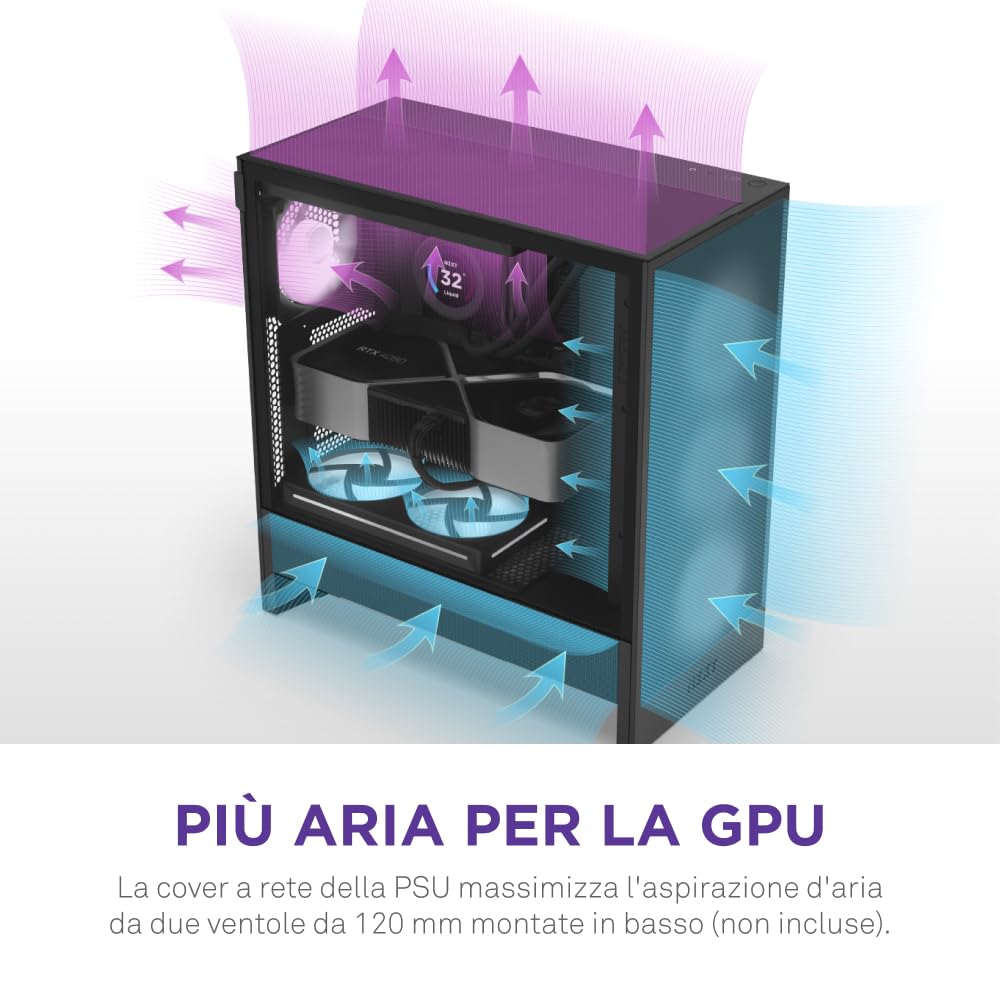 NZXT H5 Flow - Case per PC da gaming mid-tower ATX compatto - Flusso d'aria elevato - 2 ventole da 120 mm incluse - Supporto per radiatori da 360 mm (anteriore) e 240 mm (superiore) - Nero
