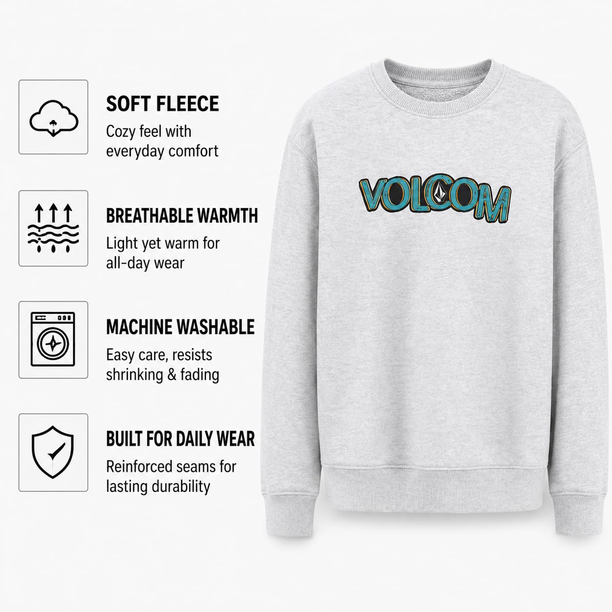 Volcom Jungen-Sweatshirts – atmungsaktives Performance-weiches Fleece, klassischer Rundhalsausschnitt, Grafik-Pullover für Jungen