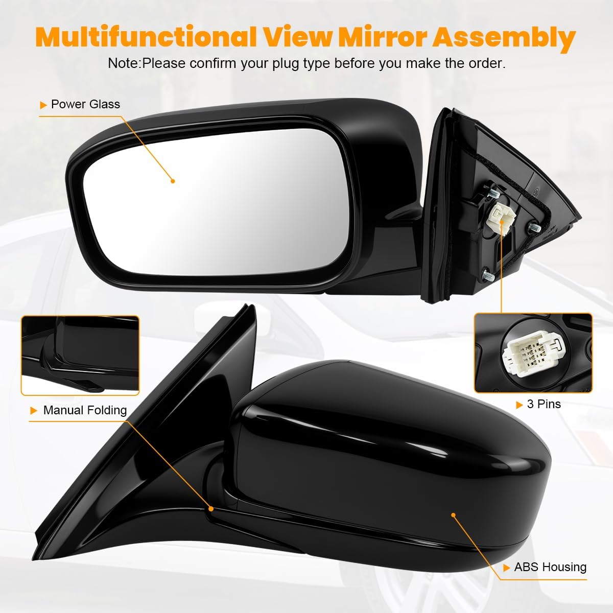 Left Driver Side Mirror compatible with Honda Accord LX EX 2003 2004 2005 2006 2007,Rear View Mirror w/Power Glass|Non-Heated|Manual Folding Replace HO1320152,76250-SDA-A13ZA(Black,Left Diver Side)
