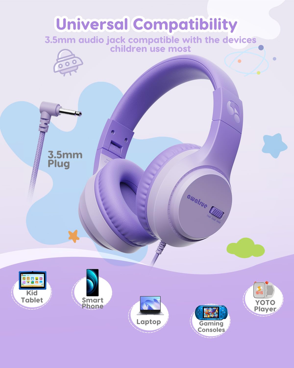 awatrue Audio Enfant, 74/85/94dB Volume Sécurisé Casque Filaire Enfant, Son Stéréo, Pliable, 3.5 mm Jack Over Ear Casque pour Enfants pour Ipad/Voyage/Tablette/Téléphone (Violet)