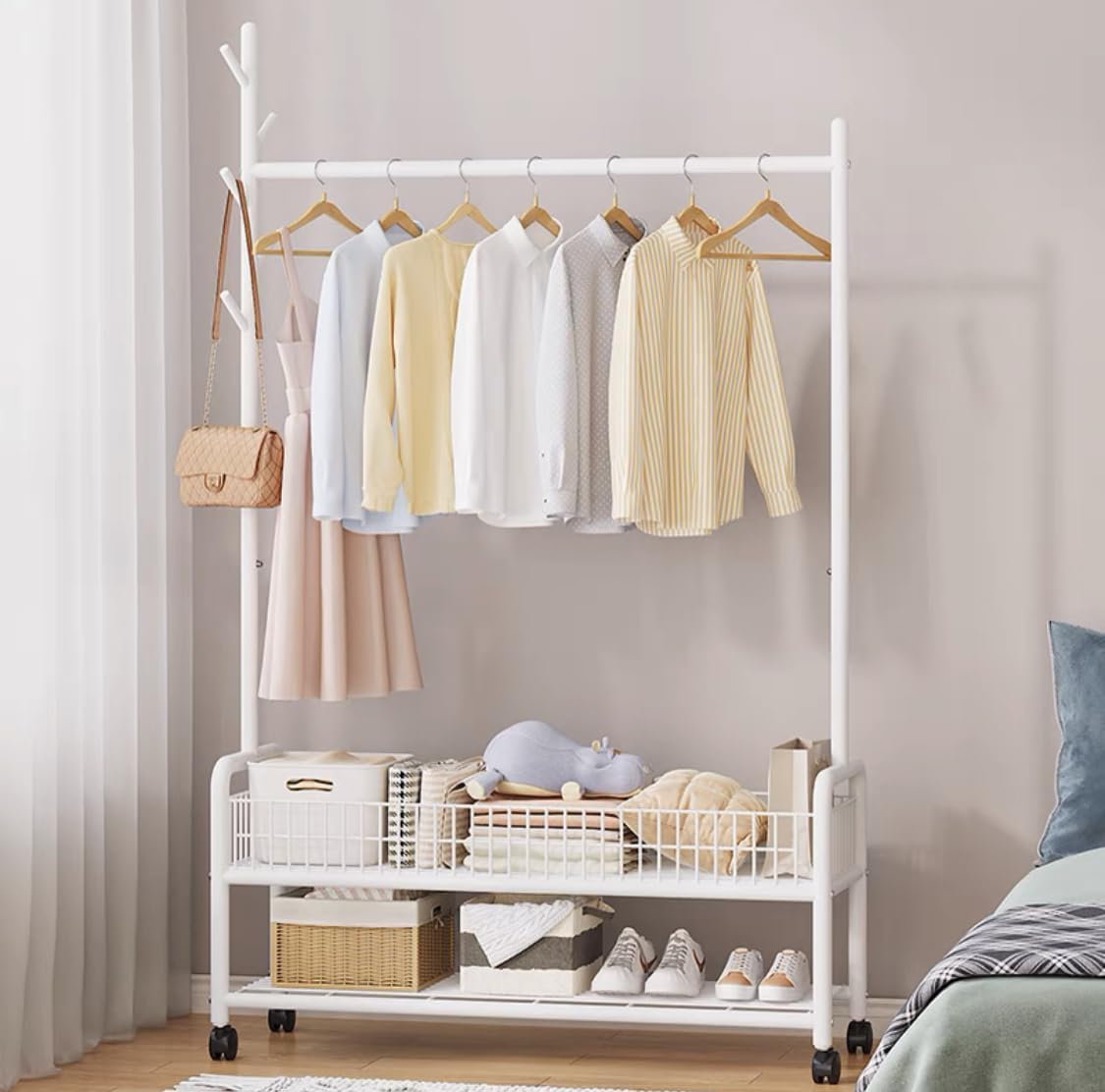 Lukzer | MGR-004 | White | Metal Garment Rack with Wheels, 2 Bottom Shelves & Single Rod – Cloth Organizer for Hanging Clothes, Bags, Shoes in Bedroom, Entryway, Office & More | 173 x 110 x 35 cm