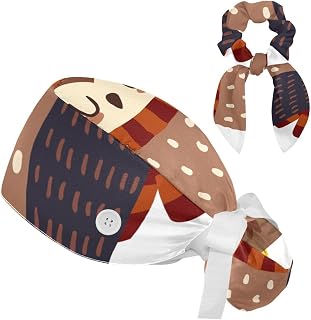 FVQL 2 Pieces Surgical Cap for Long Hair Scrub Cap with Hairband Nurse Cap, owl Animal Bird and Leaf