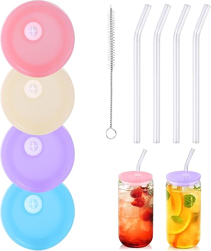 Palksky Paquete de 4 tapas de vidrio acrílico con agujero para pajilla, tapas de tarros Mason de 16 onzas, tapa de taza de café, tapa de taza de