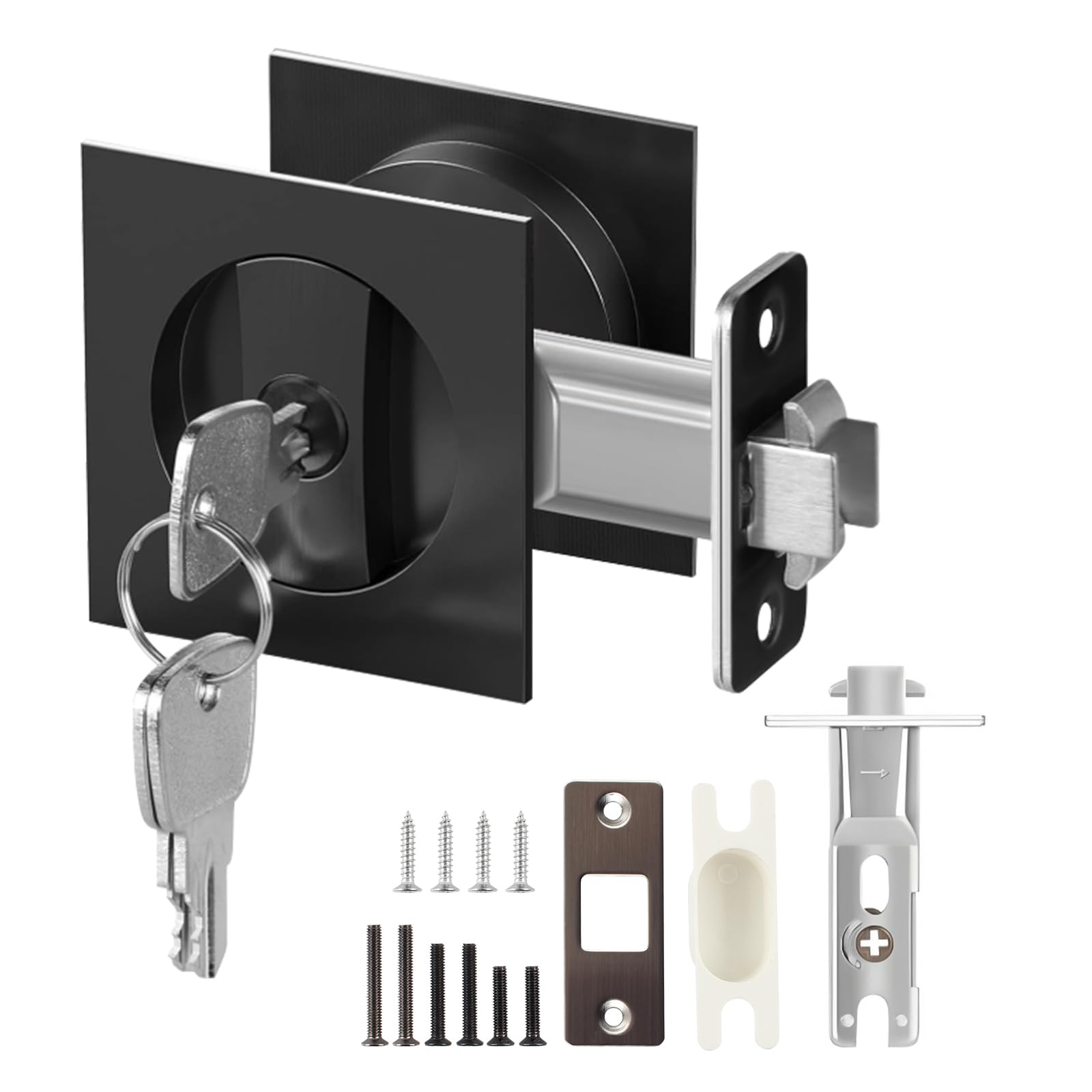 Cerradura de puerta de bolsillo con llave, color negro mate, herrajes para puerta corredera, pestillo de puerta plegable para baño, dormitorio, hogar, repuesto para puertas estándar con agujeros de 1