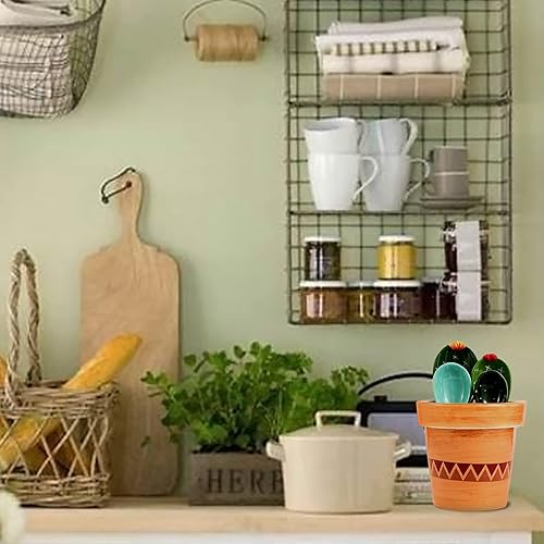 Miniatura 7 de Juego de cucharas medidoras de cactus en olla con soporte, juego de cucharas medidoras de cactus de cerámica con taza medidora para hornear, sal,