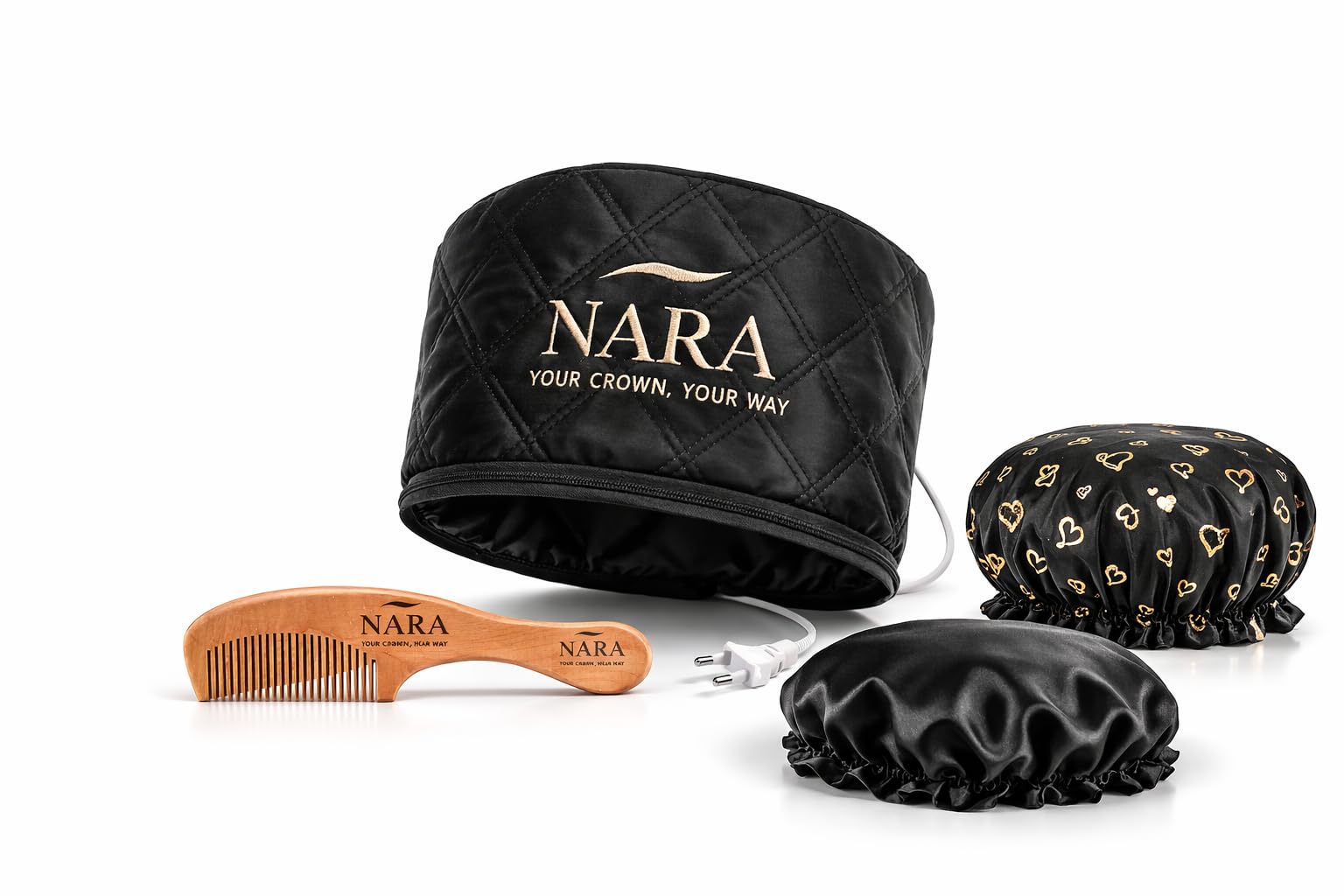 Gorro Térmico para Cabello NARA (Pack 4 en 1) - Gorro Termico Peluqueria para Tratamiento e Hidratación Profunda - Temperatura Ajustable - Incluye Gorro de Noche, Ducha y Peine