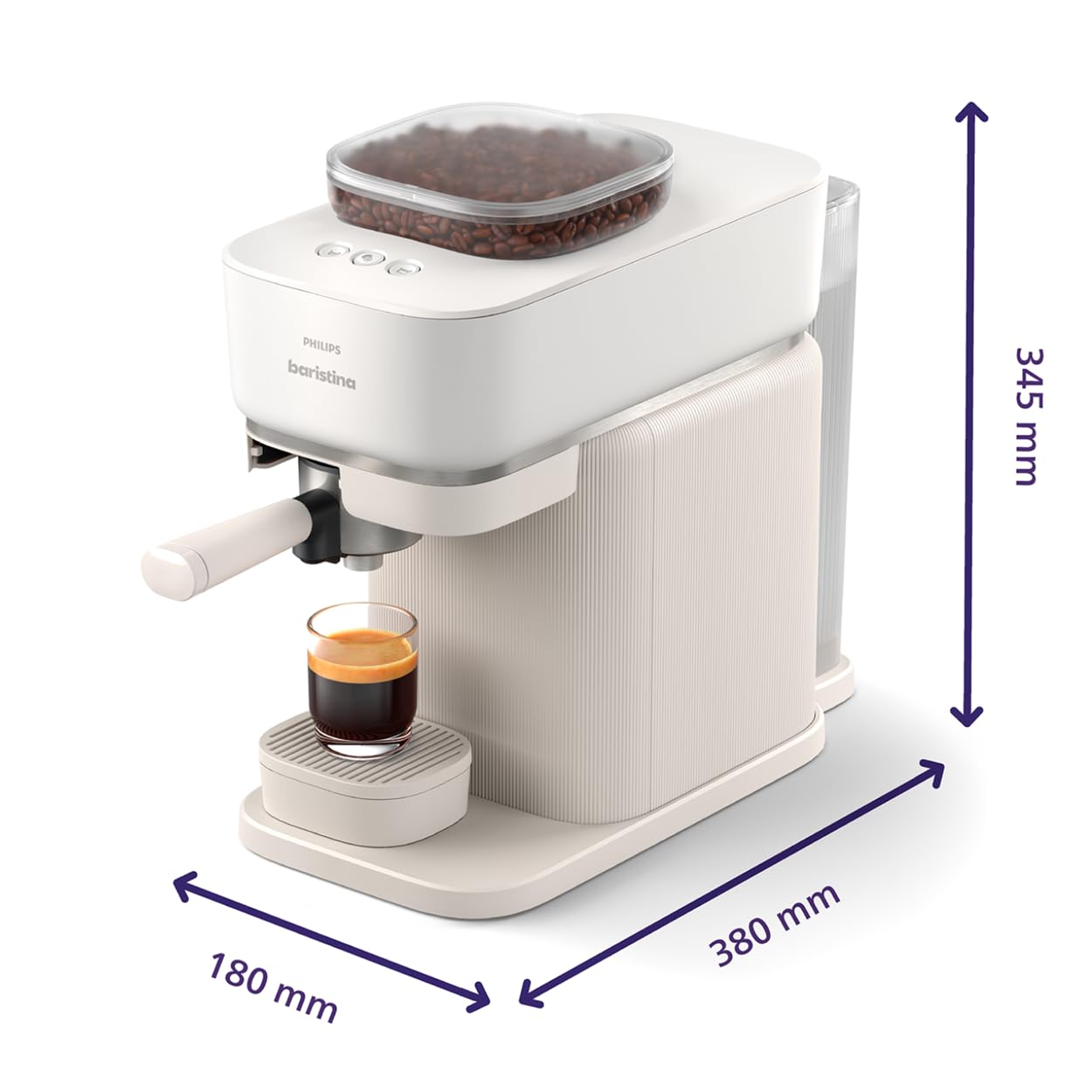 Philips Baristina Machine à expresso - Un véritable expresso, en toute simplicité - Compacte - 16 bars de pression - Broyeur intégré - Machine blanche avec porte-filtre blanc (BAR300/00)