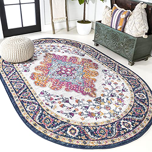 JONATHAN Y Boho Vintage Blue/Multi 3x5 Oval Area Rug, Bohemian Flair Medallion, Floral Easy-Cleaning High Traffic for Living Room, Bedroom, Kitchen, Pet-Friendly, Non Shedding (BMF106A-3OV) by JONATHAN Y - Used condition - US$30.02