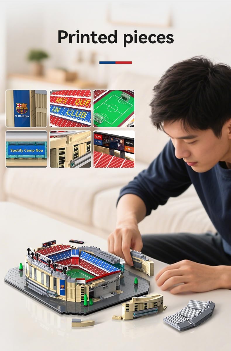 Person assembling the CaDA FC Barcelona Camp Nou Stadium Model, showing printed pieces