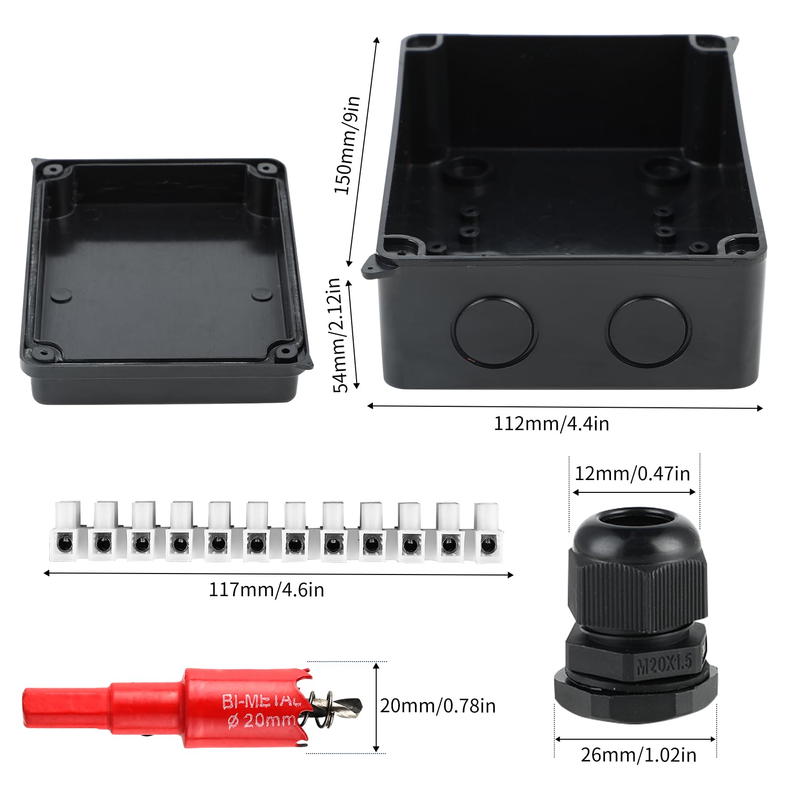 Scatola di Derivazione Impermeabile IP65-150x110x70 mm, con 10 pressacavi M20 con guarnizione, inclusa sega a tazza da 20 mm, adatta per cavi Ø6–12 mm（nero）