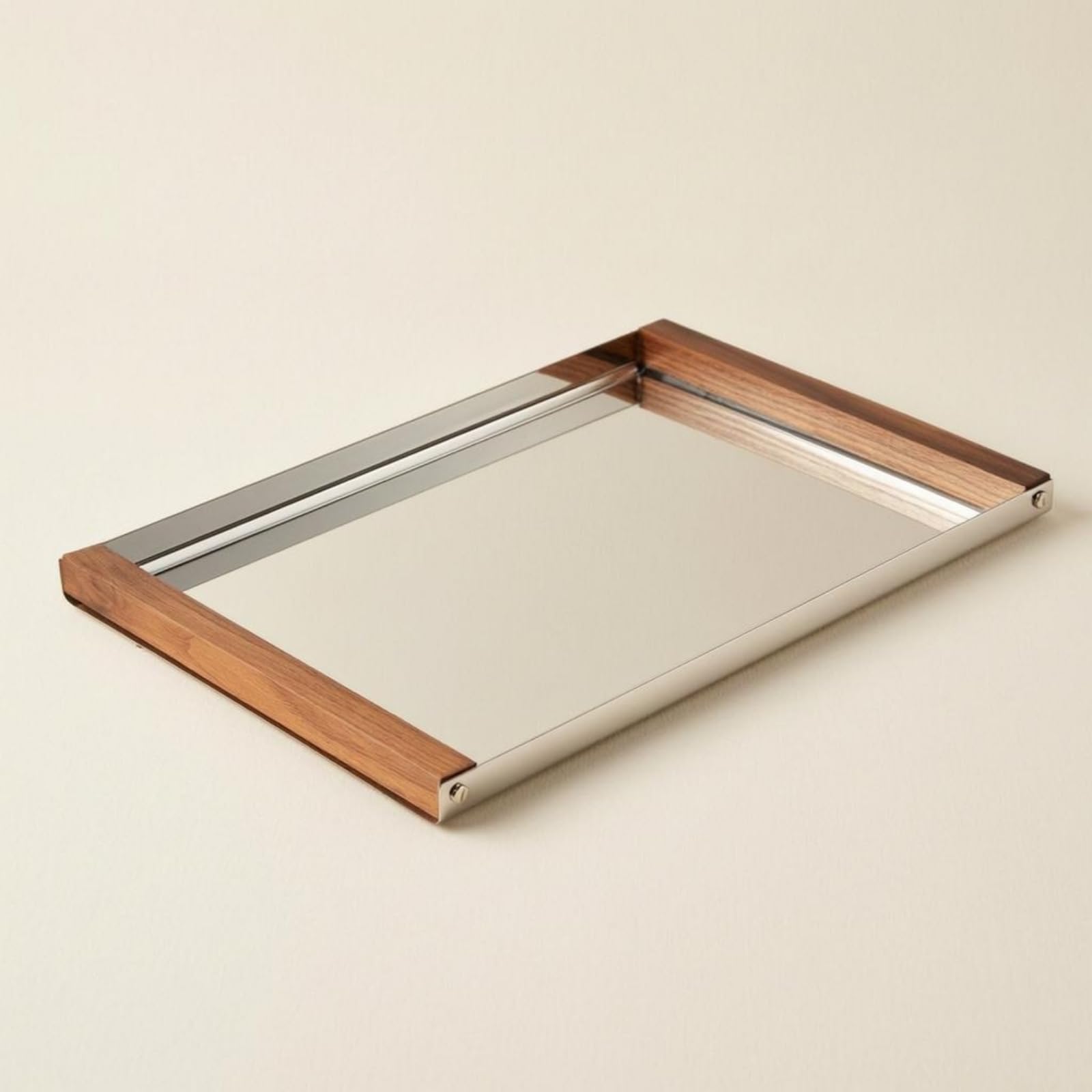 Milageto Bandeja de Acero Inoxidable Bandeja Fuente Organizador con Espejo Metálico Laterales de Madera Adecuada para Servir y Organizar Exhibición de Objetos Decoración en Hogar y Cafetería