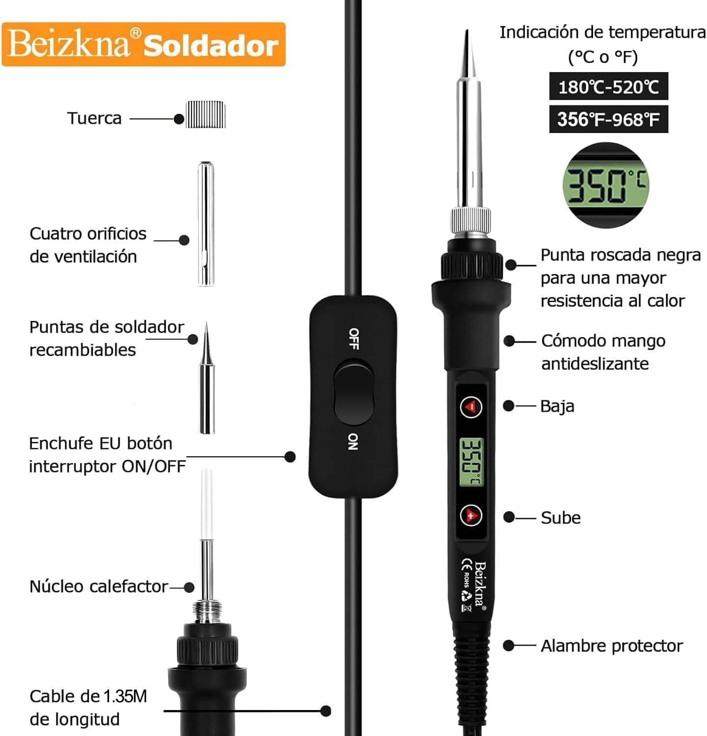 Beizkna Soldador de estaño 80W Kit 13 en 1 Soldador Profesional con Temperatura Ajustable 180℃-520℃, 5pcs Puntas, Bomba Desoldadora, Soporte, Pinzas Antiestáticas, Alambre de Soldadura