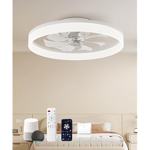 Smart Ceiling Fans with Light and Remote,20'' Low Profile Ceiling Fan with 6-Speed & Dimmable LED, Alexa/APP Home Voice Control, App, Reversible Airflow, App Timer, for Bedroom(White)