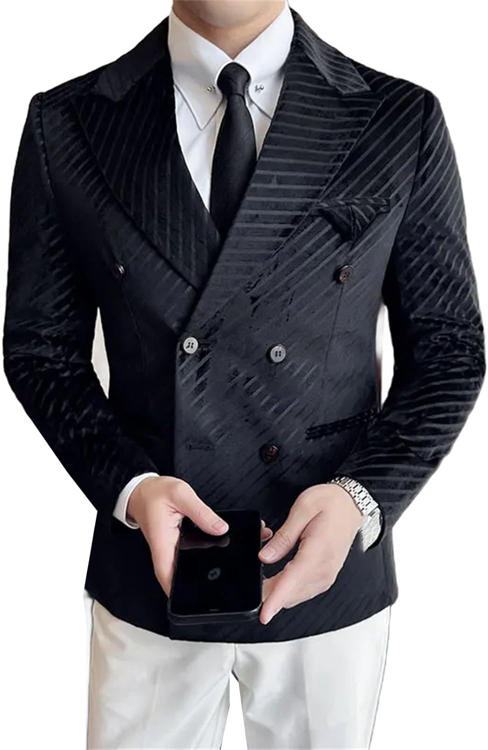 Men Velvet Suit Jacket Double-Breasted Striped Slim Fit Casual Coats Formal Business Tailcoat