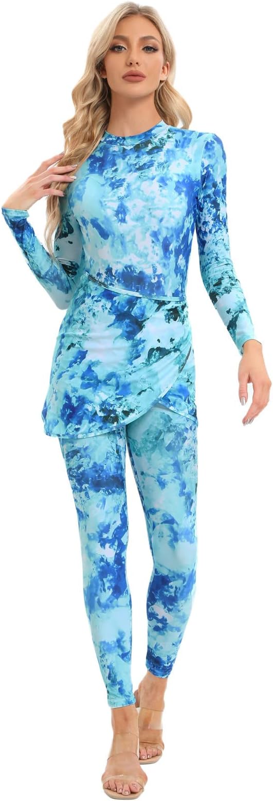 Womens Muslim Swimsuits Tie Dye Top Swim Pants with Long Sarong Cover up Wrap Skirt Swimwear Modest Bathing Suit 4PCS