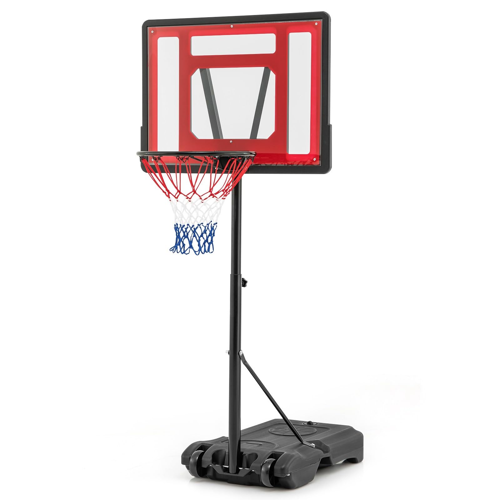 GYMAX Swimming Pool Basketball Hoop, 3.8-4.4FT Height Adjustable Poolside Basketball Goal System with Wheels and Fillable Base, Outdoor Indoor Portable Basketball Net Set (Red)
