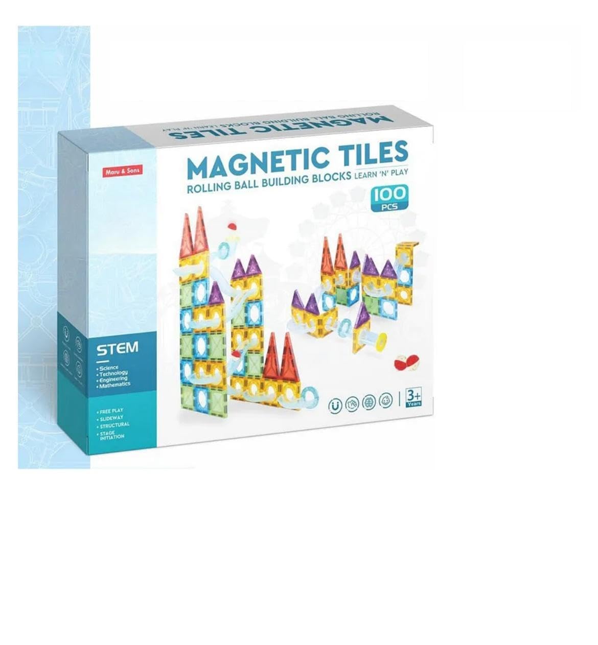 100-Piece Magnetic Tiles Rolling Ball Building Blocks | STEM Marble Run Construction Set | Creative Educational Building Toy for Boys & Girls (3+ Years)-image-23