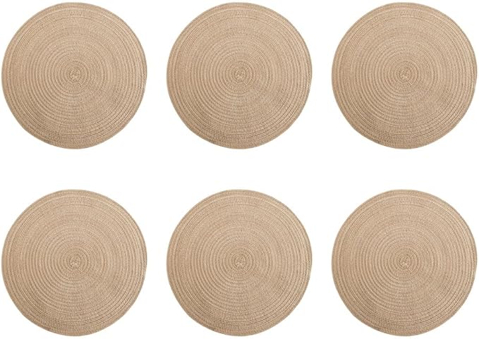 Pacote com 6 jogos americanos redondos trançados de 12,7 cm – Laváveis, tapetes de mesa reversíveis para casa e festas | Conjunto acessível (marrom