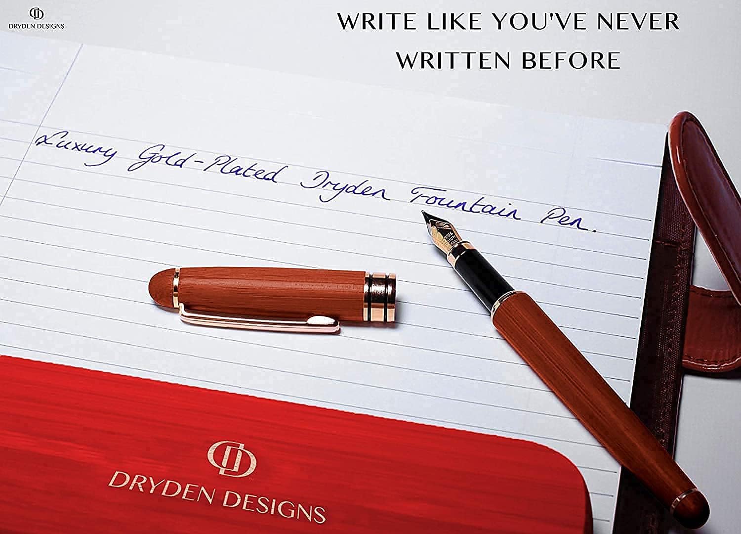 Dryden Designs Luxury Rosewood Fountain Pen with Ink Refill Converter and Gift Case - Smooth & Elegant