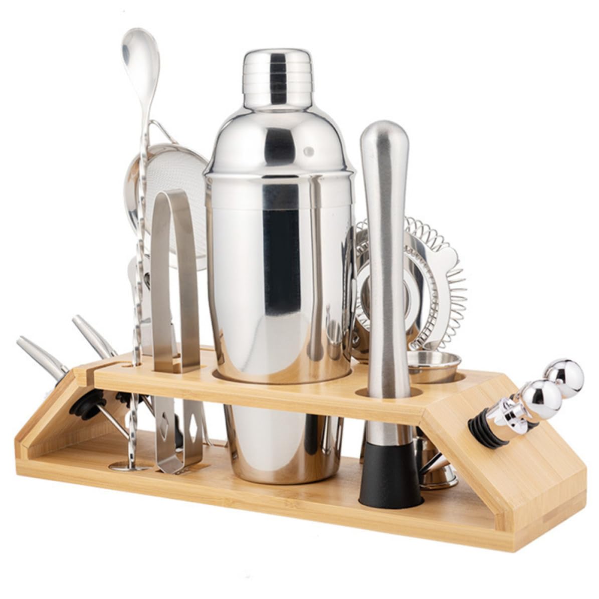 Cocktail Shaker Set in Acciaio Inox, 550ml, Argento, Supporto in Bambù, per Drink e Caffè, per Casa e Bar, Set Shaker Cocktail e Bar Tools