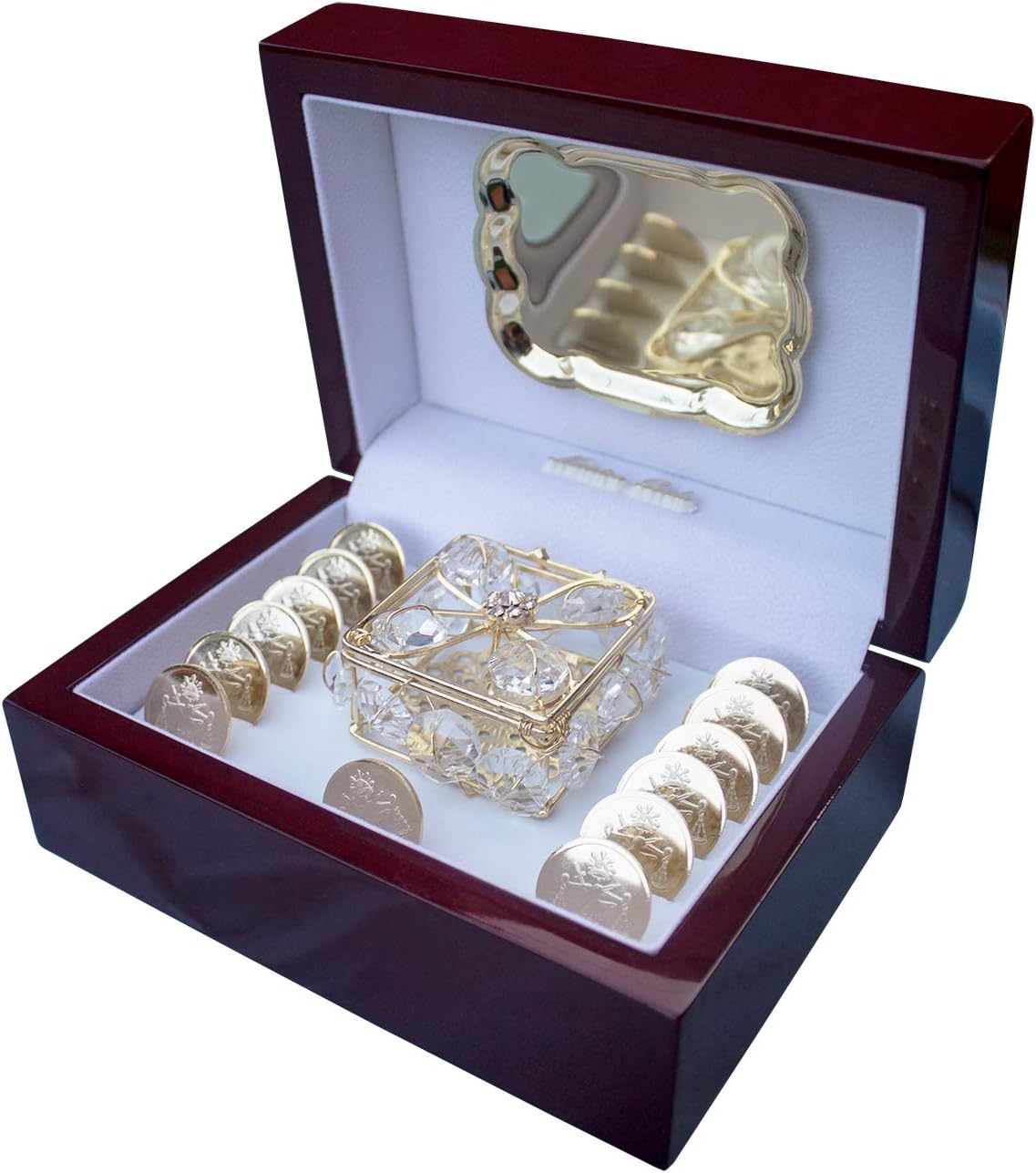 San Rafael Arcangel Arras de Boda - Wedding Unity Coins - Arras de matrimonio - Arras de boda with Wooden Box and Crystal Bead Box - 13 Wedding Coins