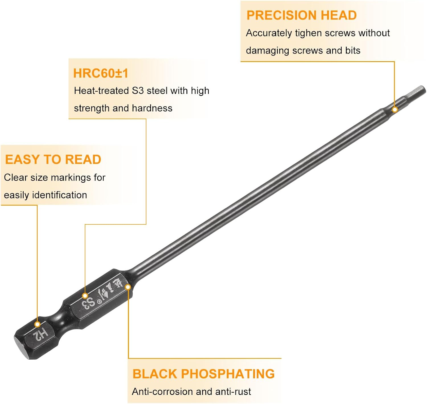 HARFINGTON Hex Head Wrench Drill Bit 2mm(H2) Metric 1/4" Hex Shank 4"(100mm) Length S3 Steel Magnetic Impact Drivers Screwdriver Bit Industrial Grade Hexagon Electric Drill Bits