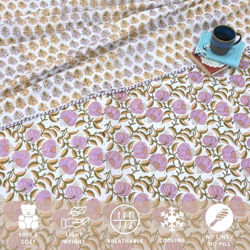 Image of TOAIArt Premium Jaipuri Dohar | AC Blanket Summer Quilt | Hand Block Printed | 3 Layers | Reversible | 150GSM 100% Mulmul Cotton | 100% Cotton Flannel Filling | Single 60 inch X 90 inch|Round Florals Leaves