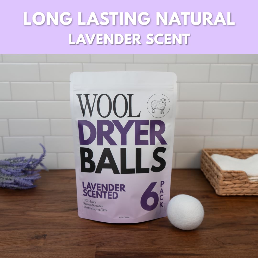 Bolas secadoras de lana perfumadas (paquete de 6) suavizante natural reutilizable con aroma a lavanda XL, reduce las arrugas de la ropa y ahorra tiempo de secado. Aroma de aceite esencial de