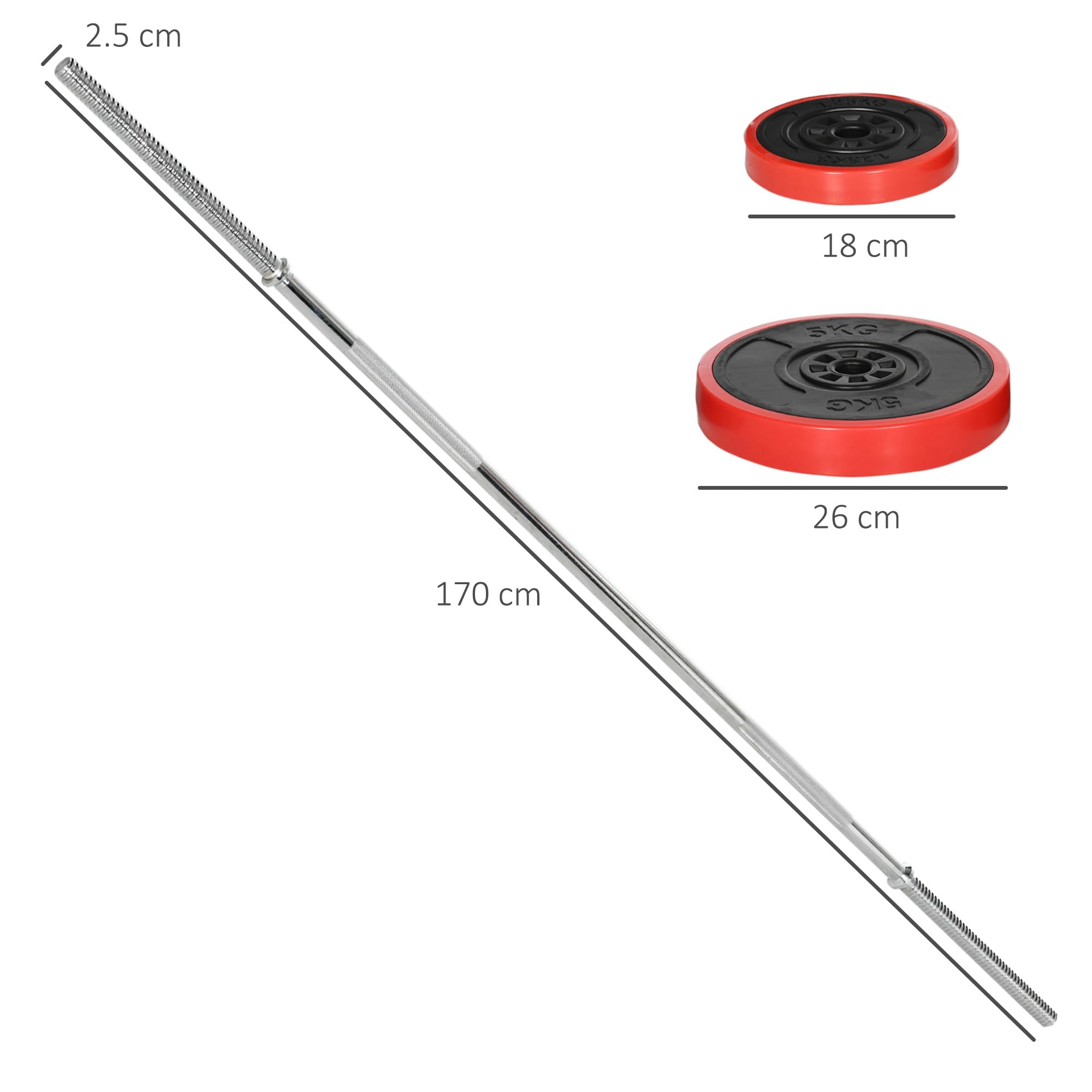 SPORTNOW Set di Bilanciere e Dischi da 30 kg totali con 6 Pesi e 2 Dadi di Fissaggio, Bilanciere Palestra Regolabile Antiscivolo in Acciaio, Plastica e Sabbia, Barra Ø25 mm, 170x26x26 cm, Rosso