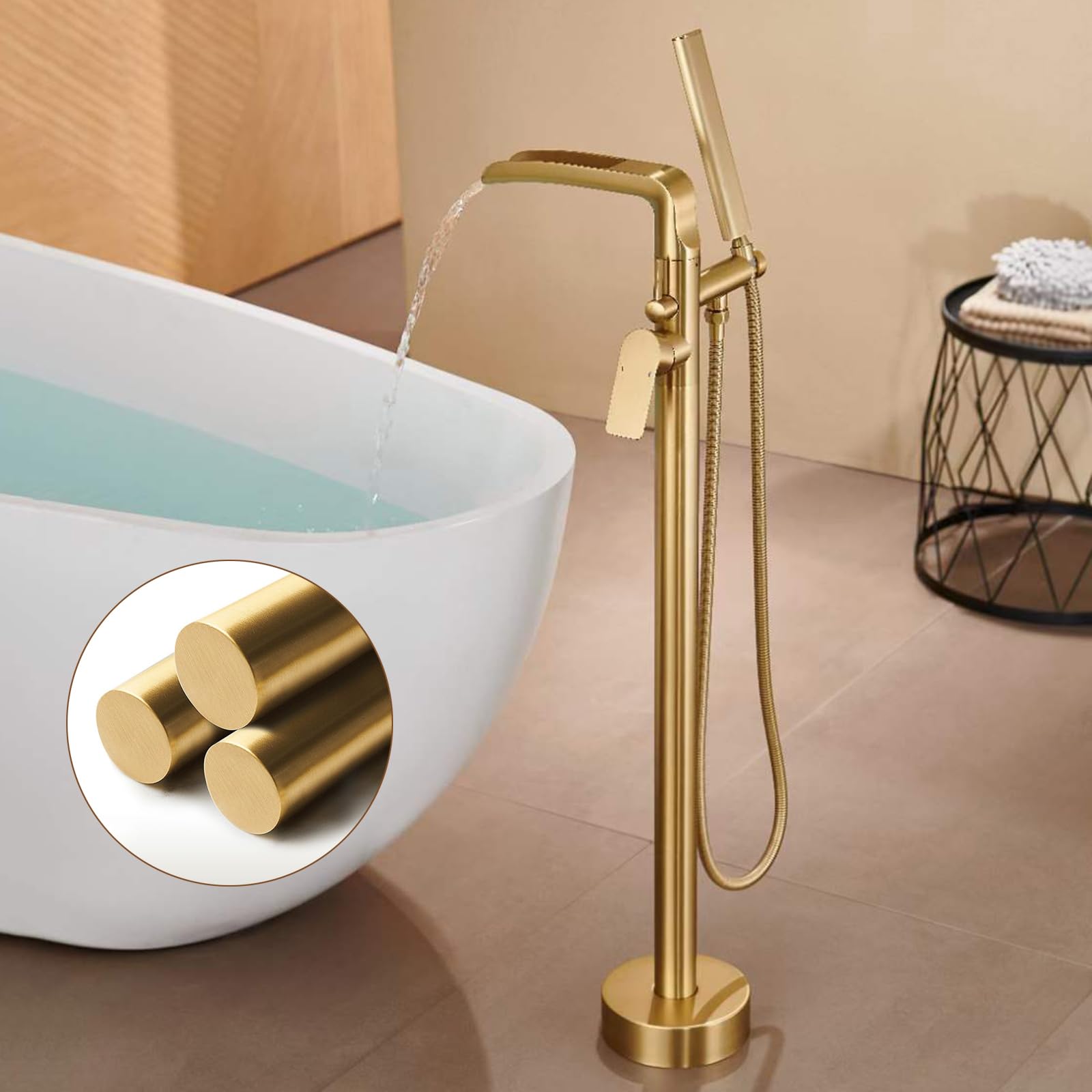 Grifo Mezclador de Bañera Y Ducha Independiente Grifo de Bañera de Pie con Agua Fría Y Caliente Tipo Cascada Y Ducha de Mano de Latón Monomando Gris