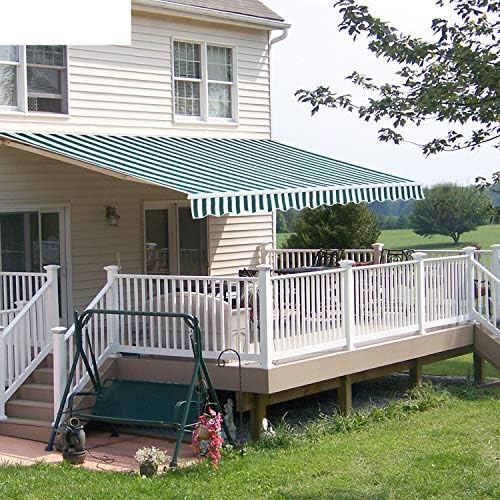 Diensweek 12'x10' Patio Awning Retractable, Fully Assembled Manual Commercial Grade - Quality 100% 280G Ployester Window Door Sunshade Shelter - Deck Canopy Balcony P100 Series (Green/White Stripes)