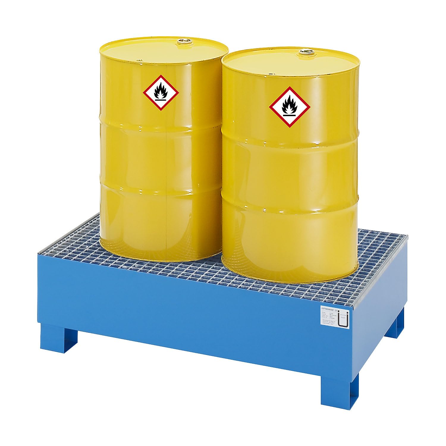 eurokraft | Stahl-Auffangwanne für 200-l-Fässer | LxBxH 1200 x 800 x 360 mm | mit Zulassung | Blau pulverbeschichtet | mit Gitterrost
