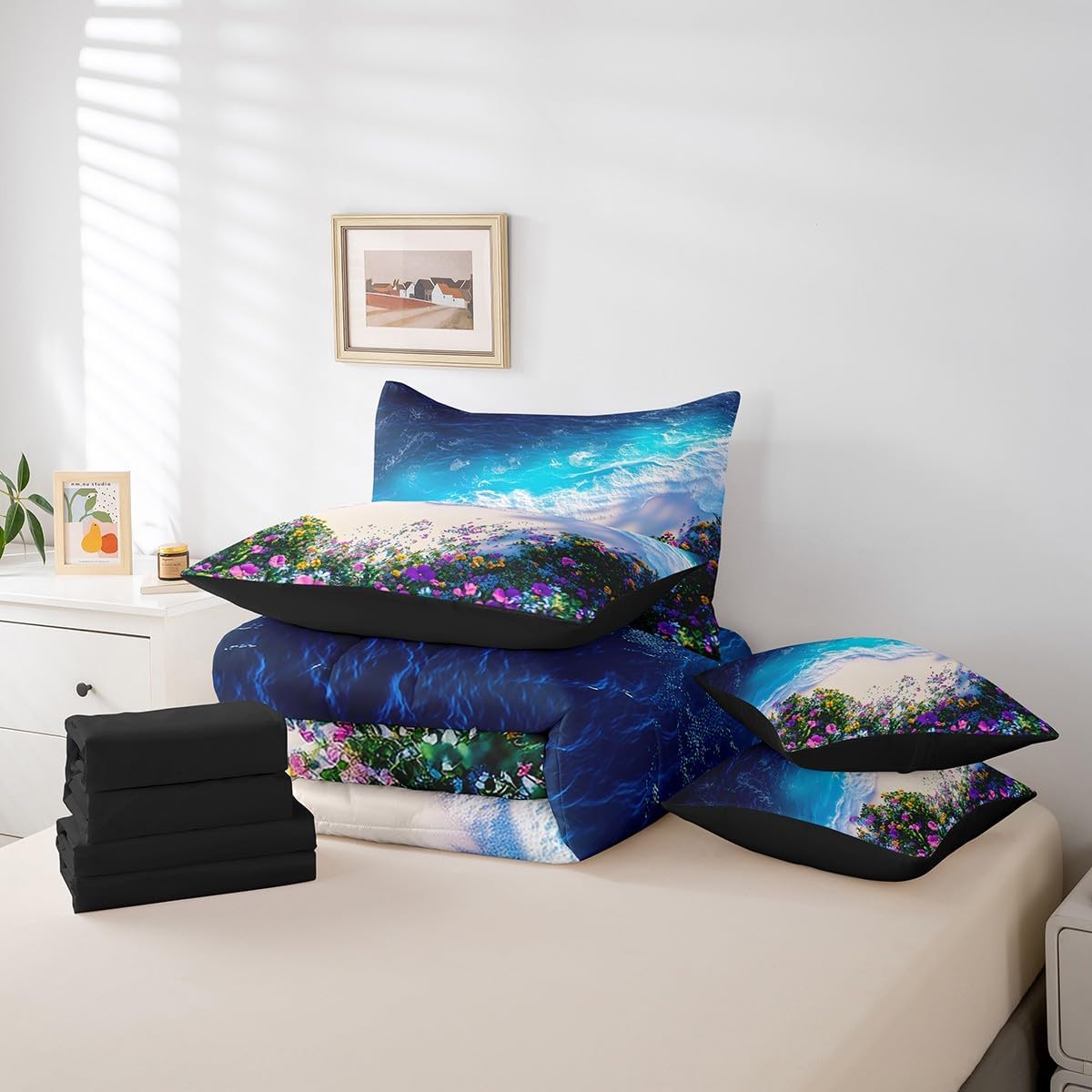 Feelyou Pretty Ocean Beach 7 Piece Bedding Set King Size Cute Flower Comforter Set with Sheets for Adult Kids Boys Girls Blue Purple Yellow Bed in a Bag Beach Theme Bed Set