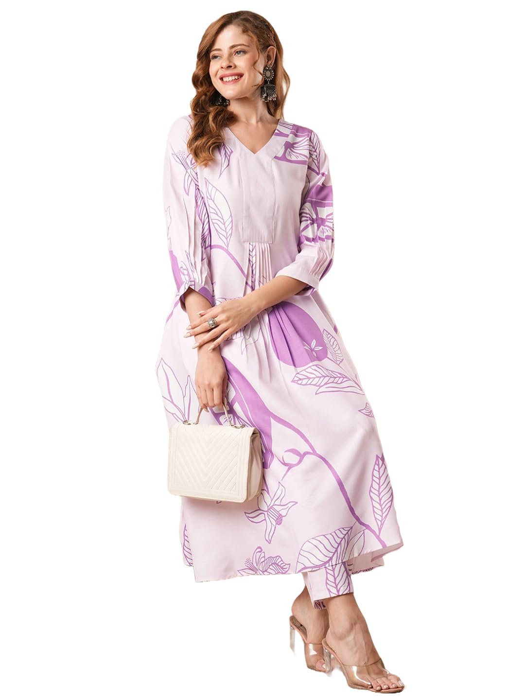 GoSriKi Women's Cotton Blend Anarkali Printed Kurta with Pant