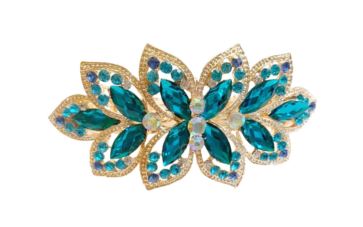 Generic Flower And Leaf Inspired Design Hair Barrette With Rhinestones And Crystal Blue 3.75"" x 1.75"" x 1.2"" Unique Hair Accessory Vintage Style For Women's Thick Long Hair