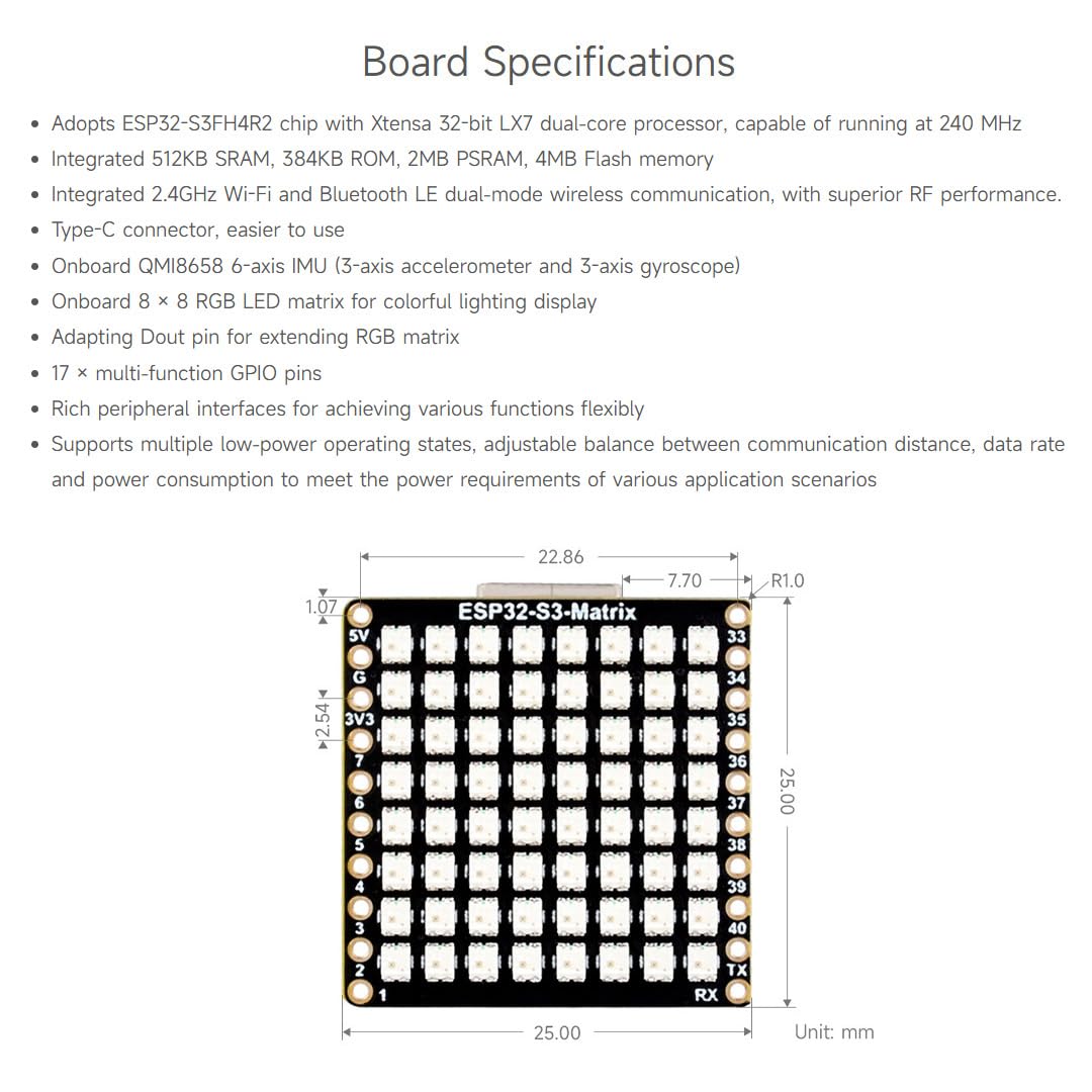 Amazon.co.jp: Waveshare ESP32-S3-Matrix開発ボード、オンボード8×8