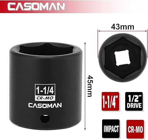 Miniatura 120 de CASOMAN 1/2" Drive x 1.417 in Deep 12 PT Socket Impacto, CR-MO, 1/2" Drive 12 Point Axle Nut Socket para una fácil extracción de las tuercas del eje
