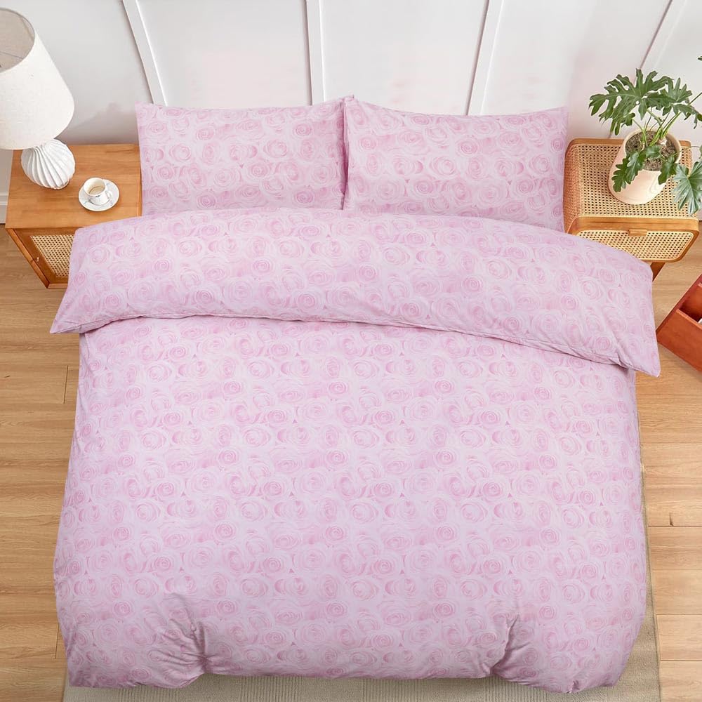 KD HOME EVERYTHING YOU NEED Polycotton Printed Duvet Cover Set with Pillowcases, 26 Designs, Single/Double/King/Super King, Machine Washable (Blossom Pink, Double)
