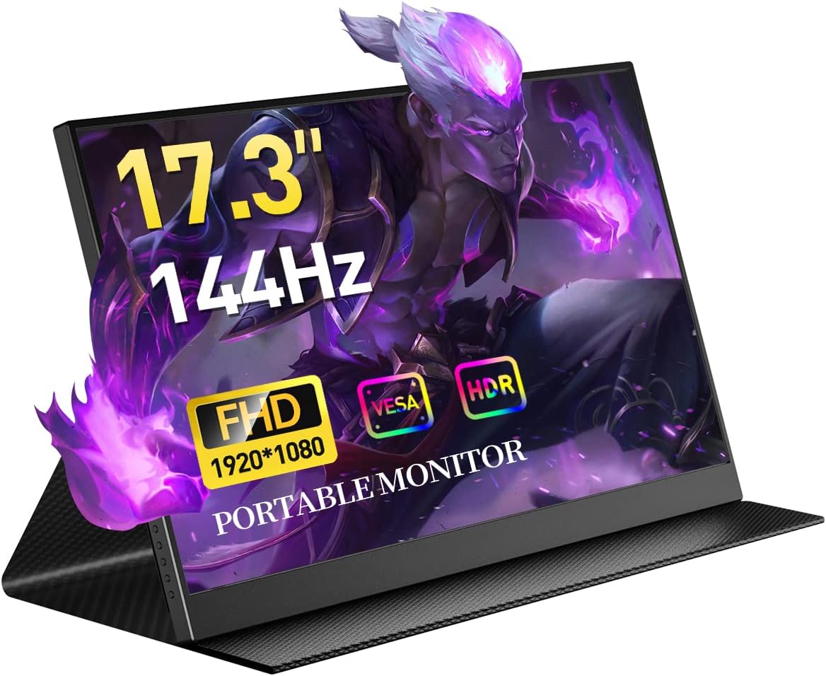 CNBANAN 144Hz Portable Gaming Monitor 17.3″ for Laptop FreeSync 1080P HDR IPS USB-C Laptop Monitor VESA Ultra-Slim Dual Speakers Travel Monitor for Laptop Mac Phone Xbox Game Monitor