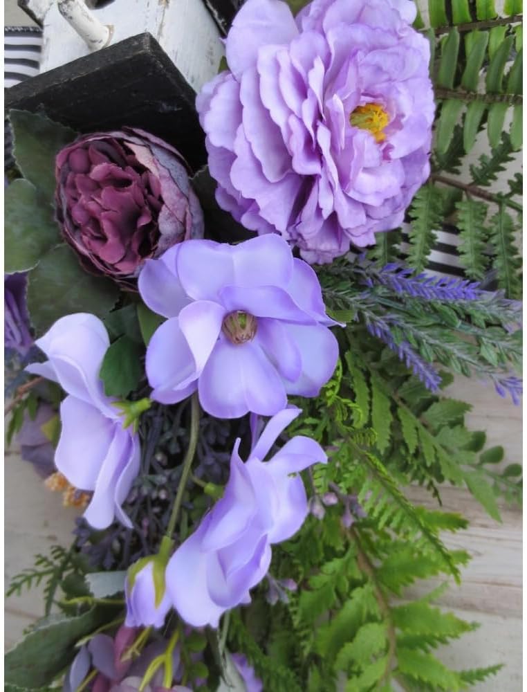 Purple Floral Swag for Front Door, Vertical Farmhouse Swag with Lavender and Birdhouse, Spring Summer Door Decor Wreath for Wall Indoor Home