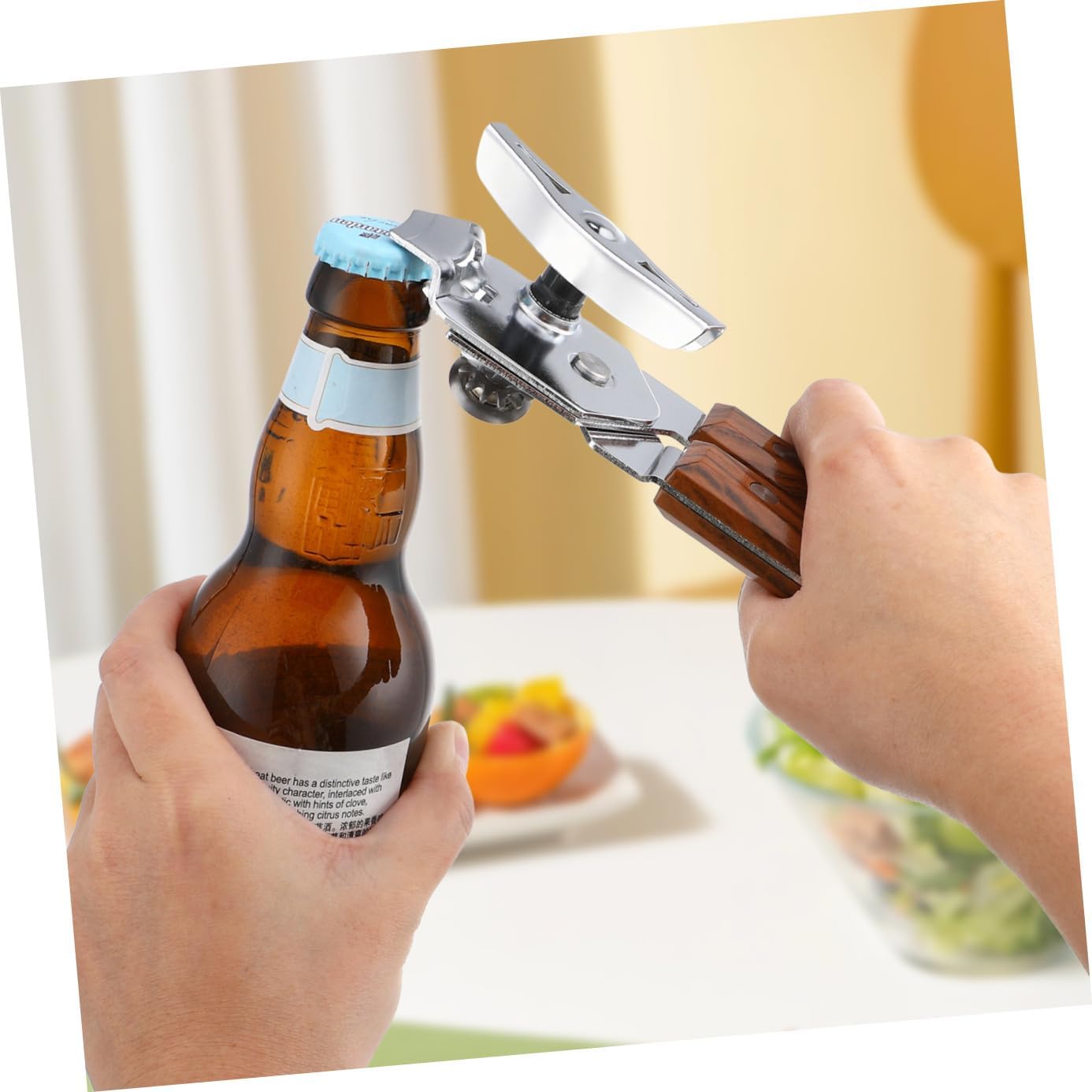 Manual Can Opener Wooden Handle Stainless Steel Beer and Bottle Opener for Home Kitchen Use Effortless Grip and Construction Essential Kitchen Gadget