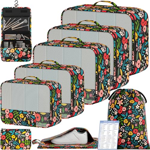 Image of BAGAIL 9 Set Packing Cubes with Packing List Luggage Packing Organizers for Travel Accessories (Black floral)