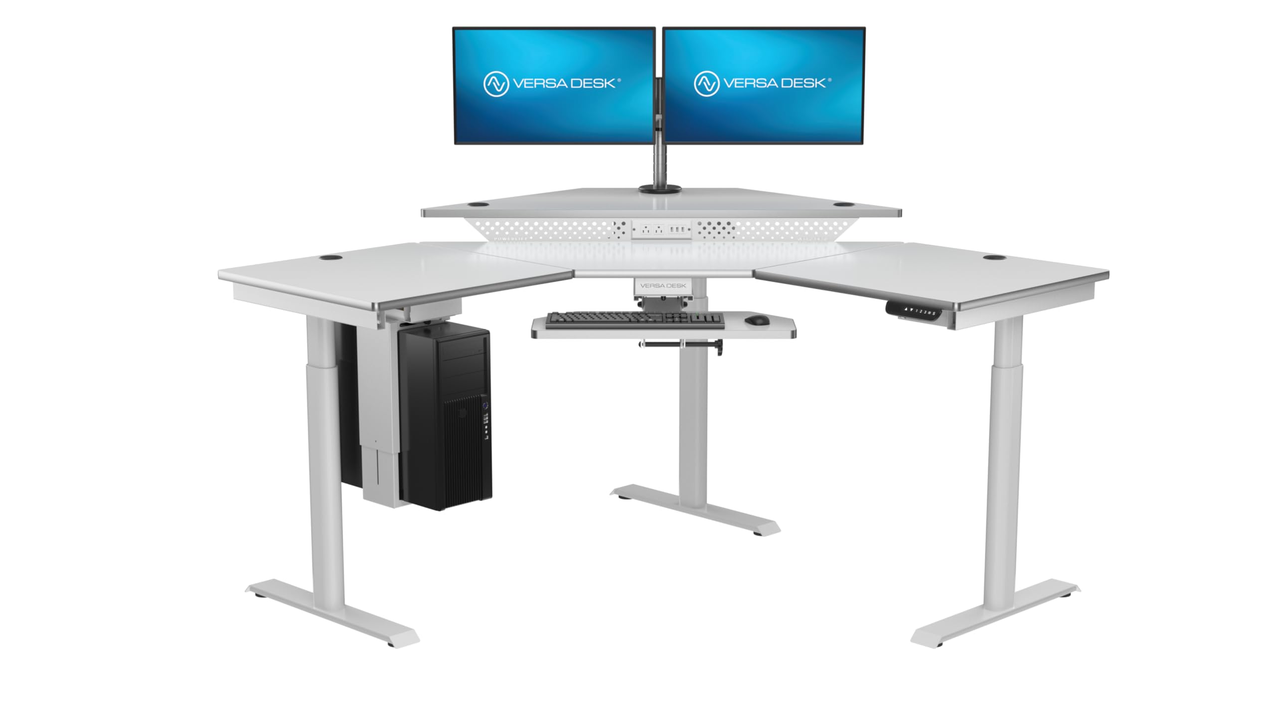VERSADESK 60" x 60" Electric L-Shaped Corner Standing Desk, Commercial Grade Height Adjustable Sit Stand Workstation, Ergonomic Computer Desk for Home Office, White Frame, White Surface