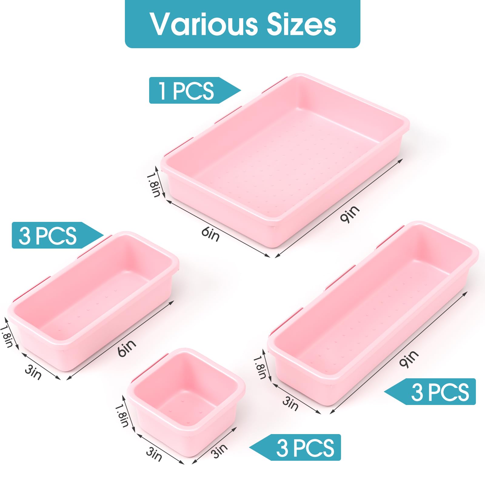 10 PCS Drawer Organizer Set, 4 Size Makeup Drawer Divider Organizer With Non-Slip Pads, Interlocking Plastic Storage Bins for Office,Jewelry Vanity,Gadgets, Bathroom,Kitchen, Pink