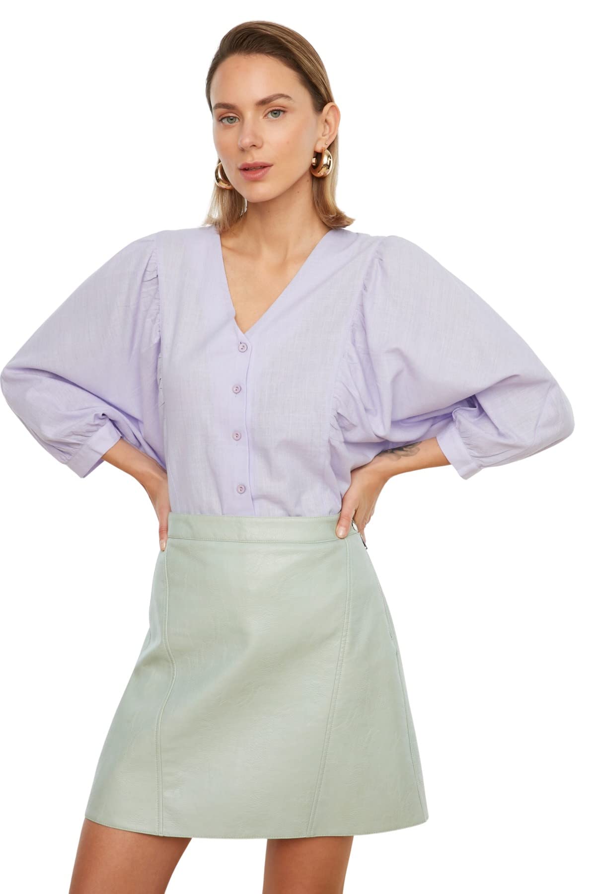 Trendyol Woman Regular fit Basic V Neck Woven Shirts Lilac