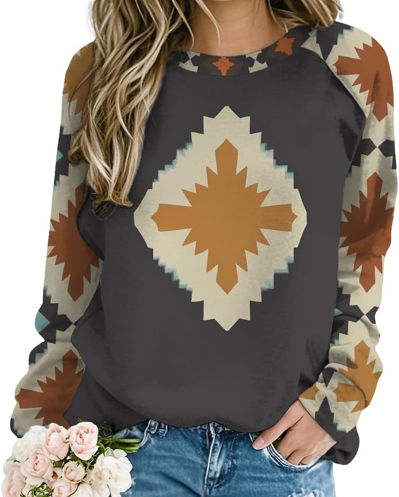 ZOCANIA Aztec Sweatshirt for Women Long Sleeve Cow Girls Outfits Womens Crewneck Loose Fit Women's Western Sweatshirts