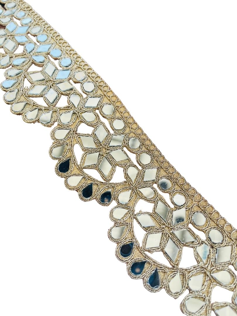 Photo 1 of Decorative Mirror Work Lace Trim, Gold Metallic Embroidered Border, Scalloped Design, 2.5 Inch Wide, Traditional Wedding Crafts Ribbon, Available in 1, 3 and 6 Yard (3)